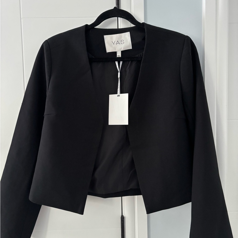 Black Textured Blazer with Rounded Neckline
